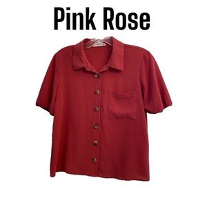 Pink Rose Dark Red Textured Button Up Top S